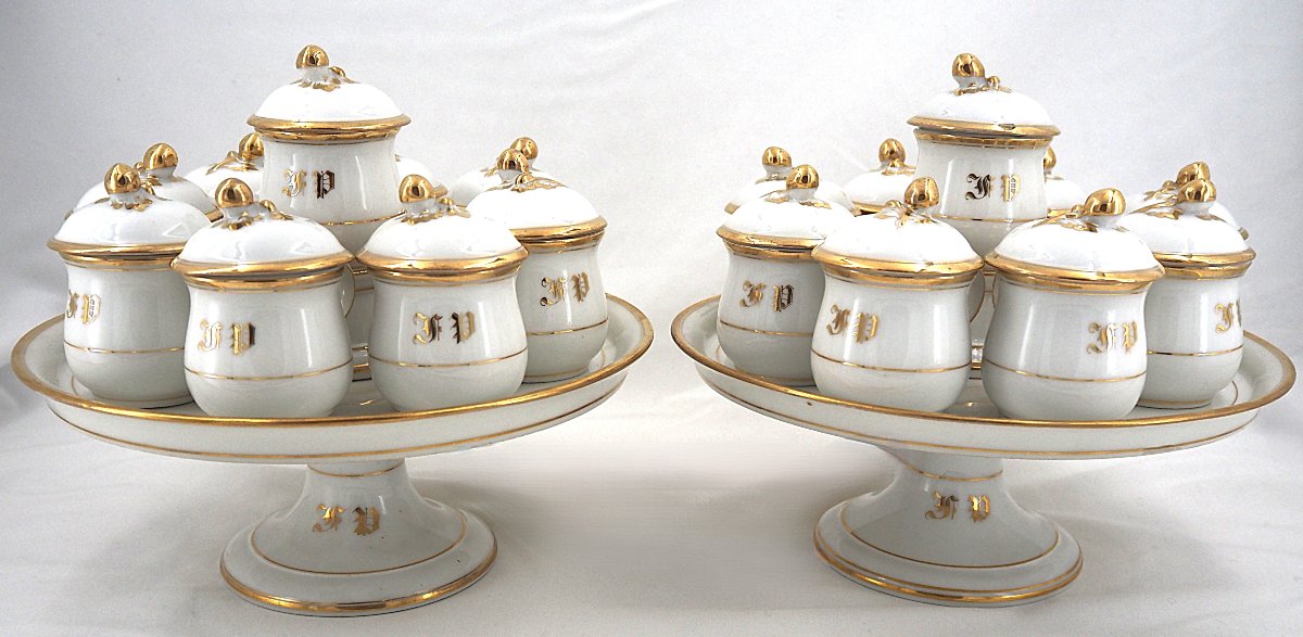 18 Parisian Porcelain Cream Jars, 19th Century, On 2 Original Display Stands, In Excellent Condition.-photo-3