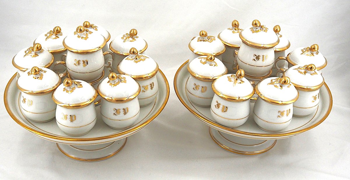 18 Parisian Porcelain Cream Jars, 19th Century, On 2 Original Display Stands, In Excellent Condition.
