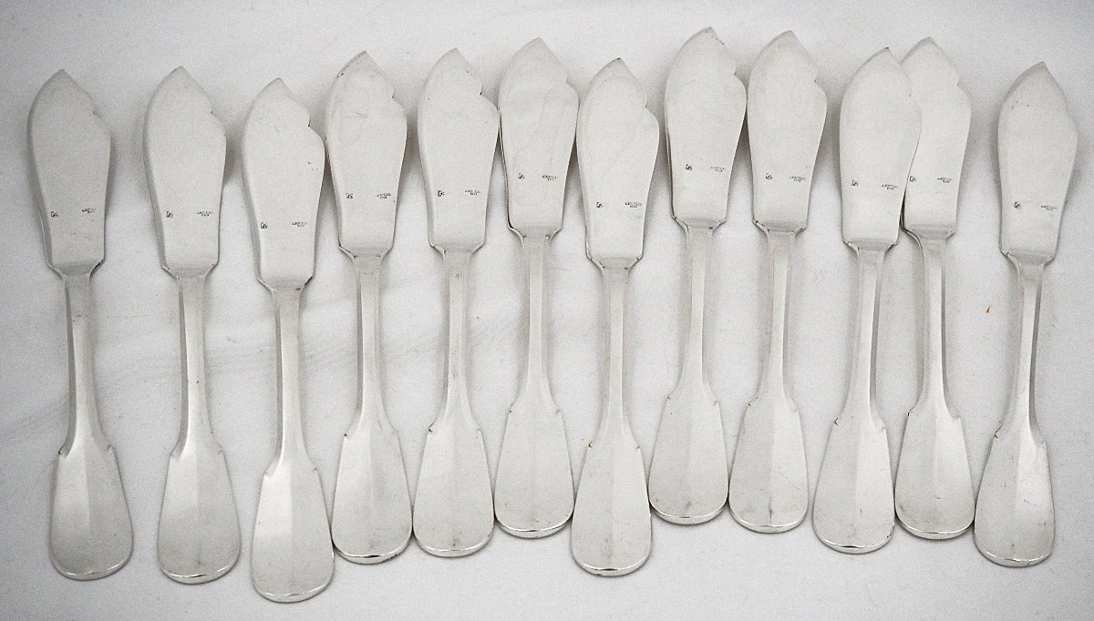 Ercuis modèle Valois, Uniplat, ménagère à poisson, 26 pièces, métal argenté, excellent état.-photo-1
