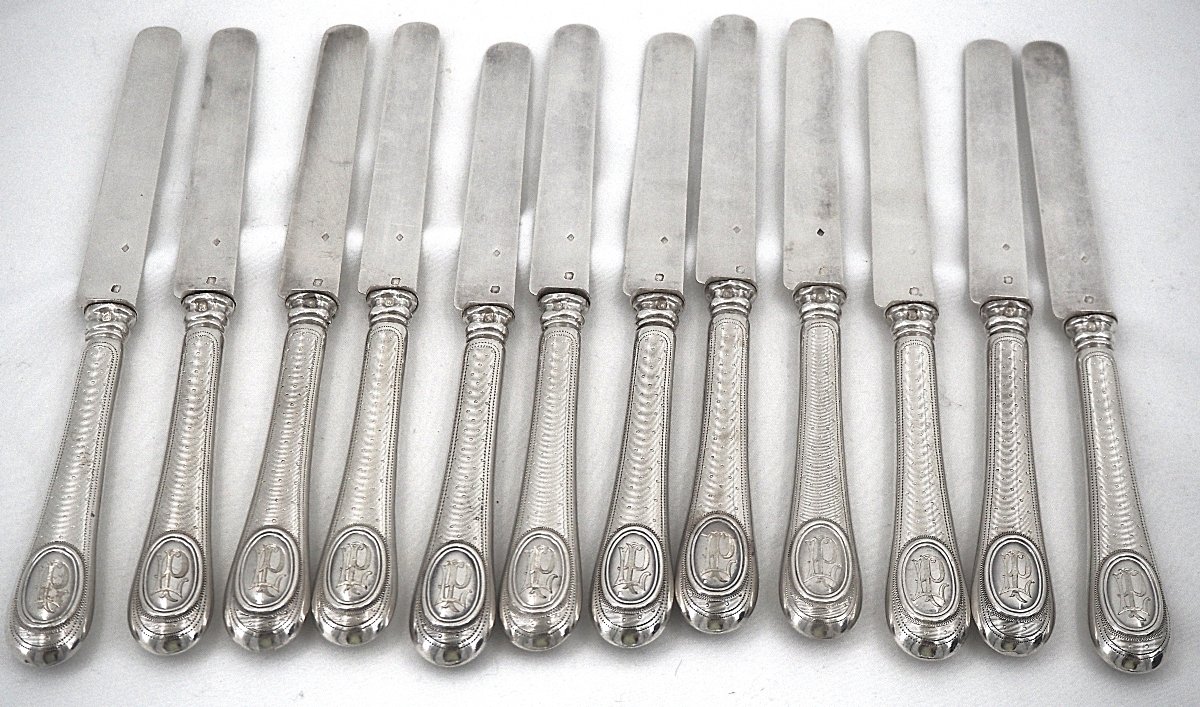 12 Fruit Knives, With Minerve Silver Blades And Handles, Guilloché-patterned, Napoleon III.-photo-2