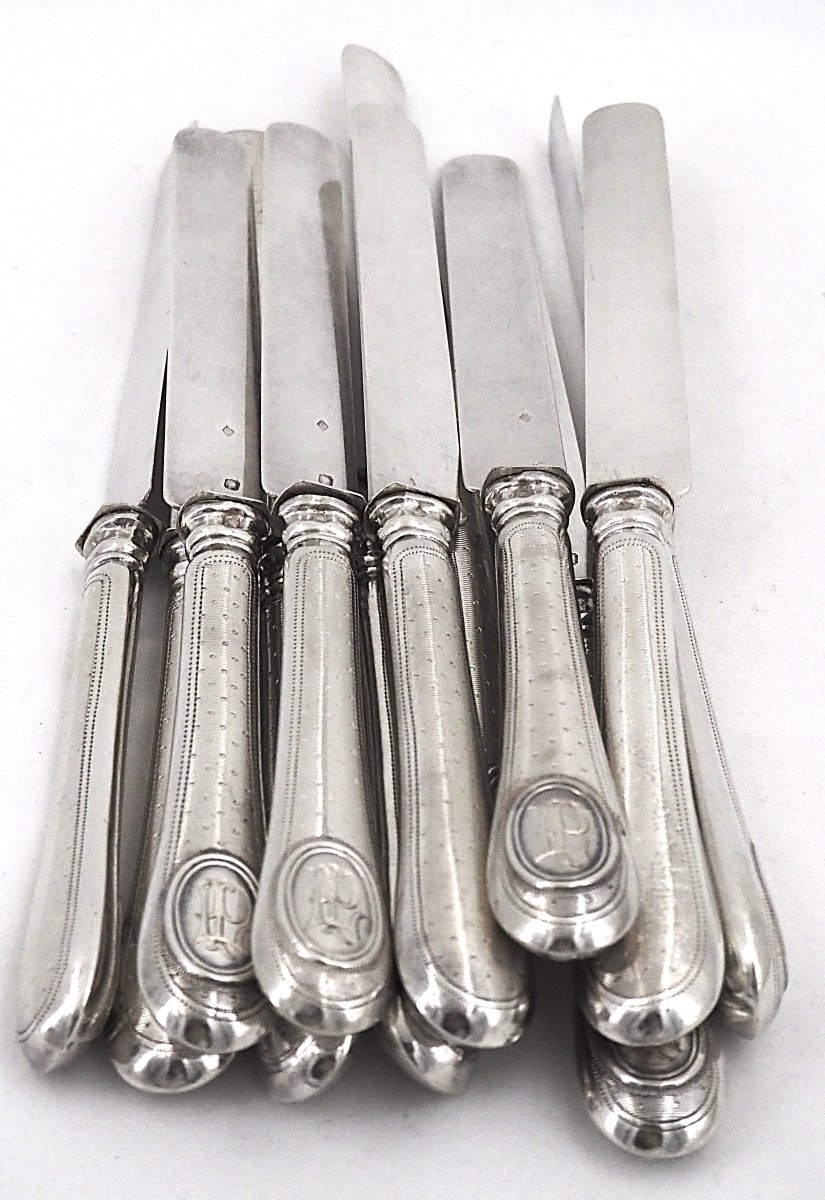 12 Fruit Knives, With Minerve Silver Blades And Handles, Guilloché-patterned, Napoleon III.-photo-4