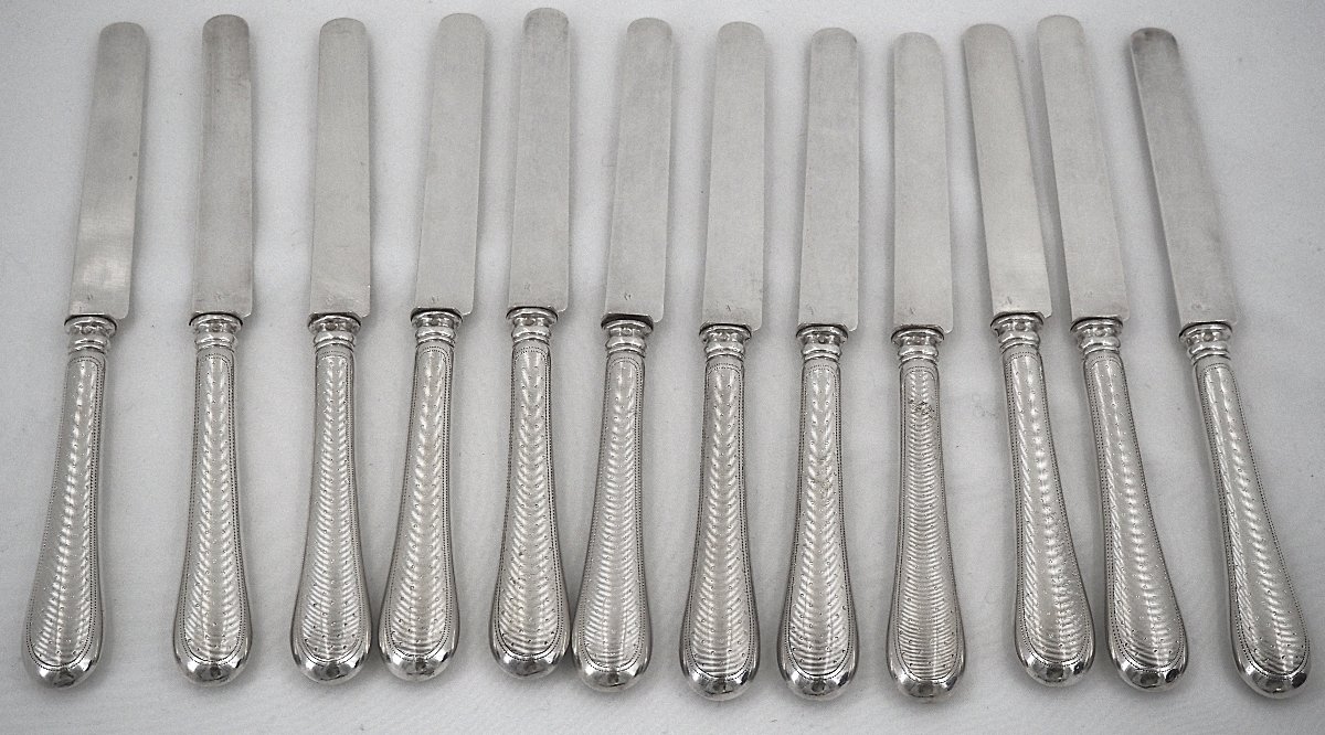 12 Fruit Knives, With Minerve Silver Blades And Handles, Guilloché-patterned, Napoleon III.-photo-4