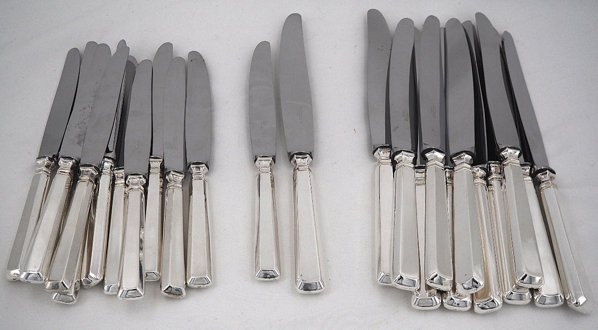 Art Deco Cutlery Set, 24 Pieces: 12 Dinner Knives + 12 Dessert And Cheese Knives.