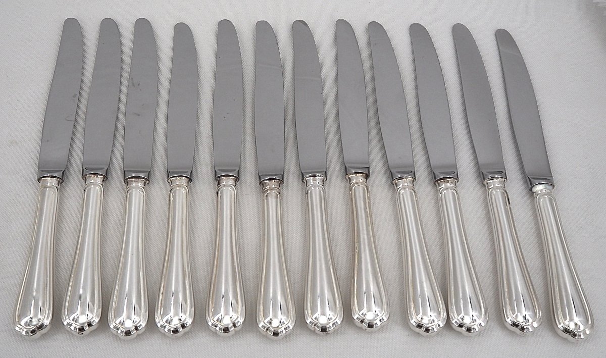 Christofle modèle Spatours, 12 couteaux de table en métal argenté, en excellent état.-photo-3