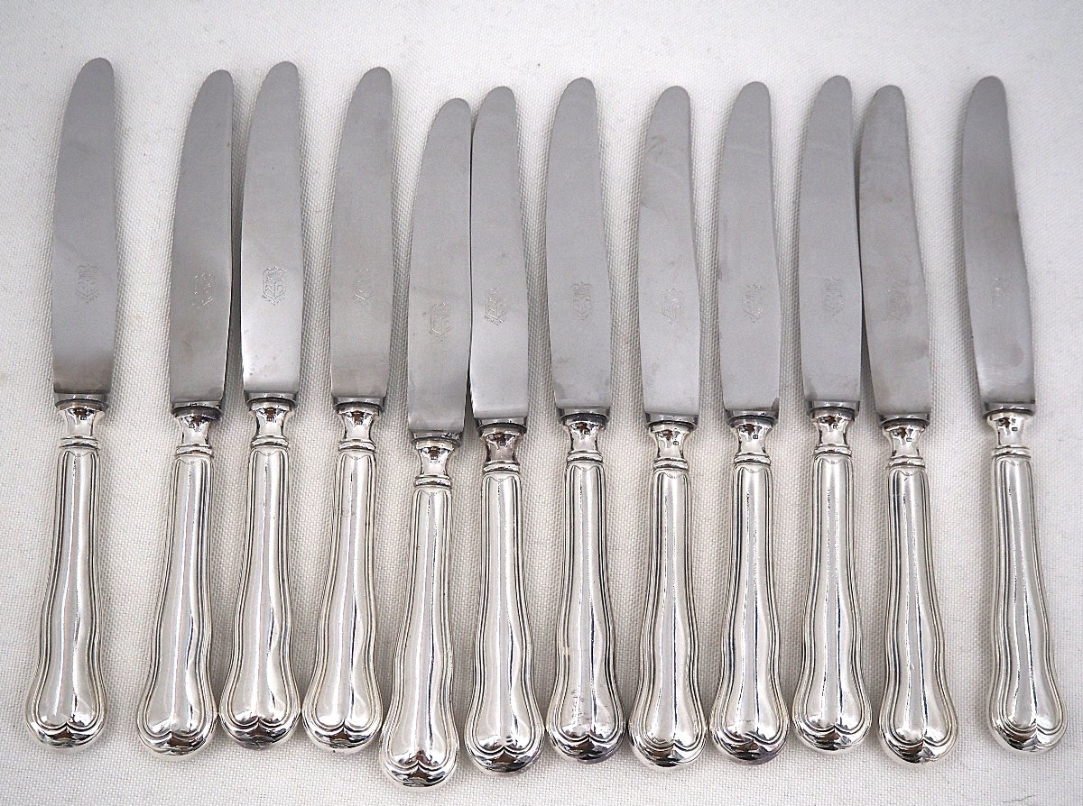 Ato 24-piece Knife Set, "filet Violon" Model: 12 Table Knives + 12 Cheese And Dessert Knives, In Excellent Condition-photo-4