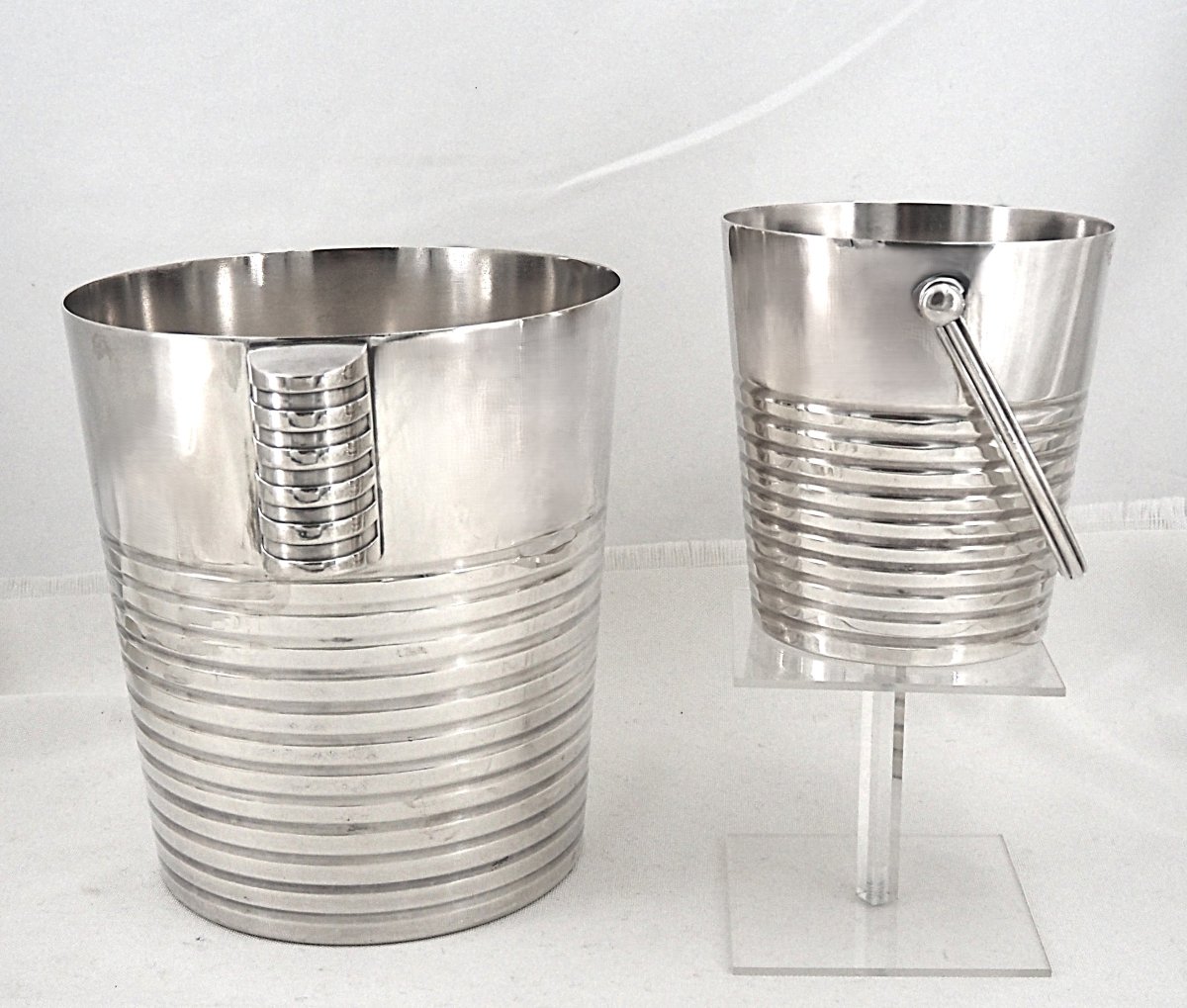 Champagne Bucket + Ice Bucket, Luc Lanel For Christofle, “ondulation” Model.-photo-2