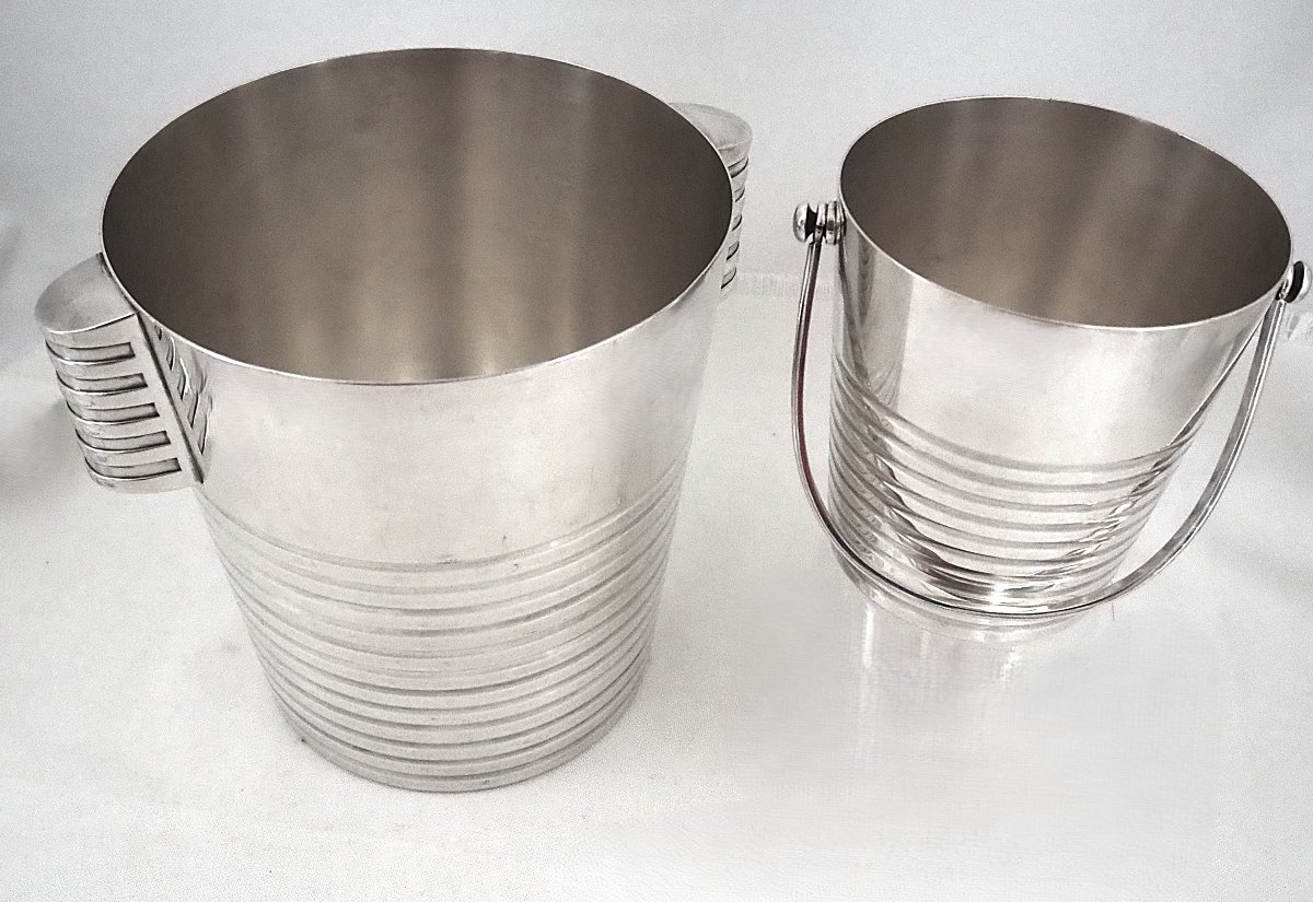 Champagne Bucket + Ice Bucket, Luc Lanel For Christofle, “ondulation” Model.-photo-3