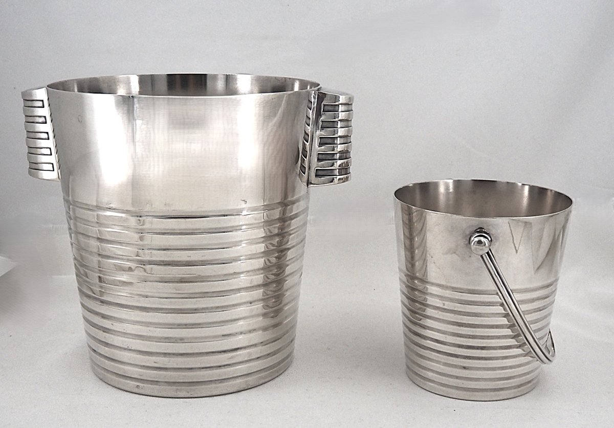 Champagne Bucket + Ice Bucket, Luc Lanel For Christofle, “ondulation” Model.-photo-4