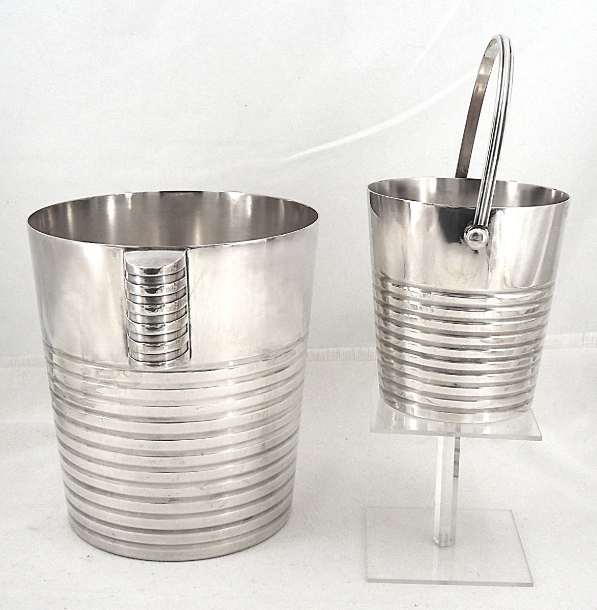 Champagne Bucket + Ice Bucket, Luc Lanel For Christofle, “ondulation” Model.-photo-2
