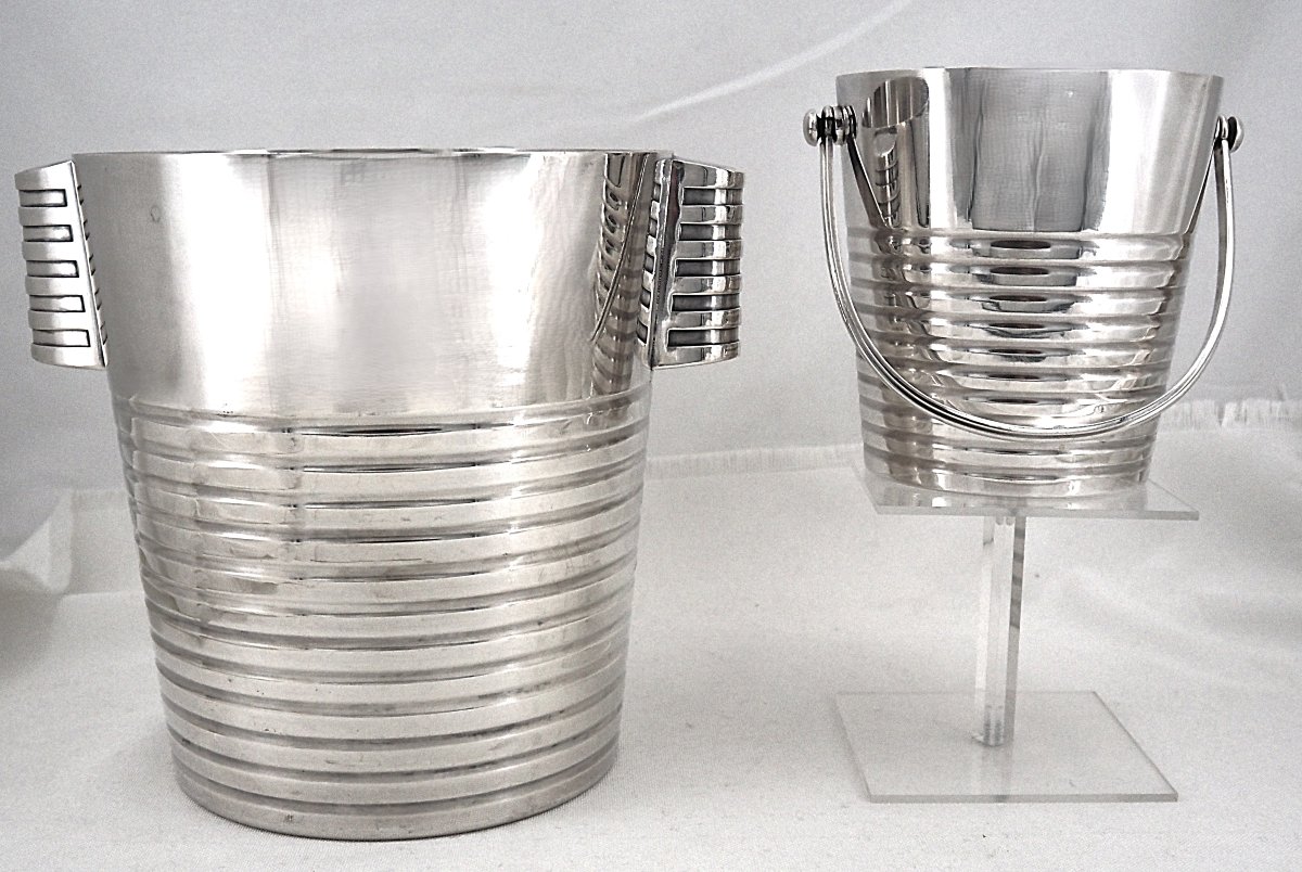 Champagne Bucket + Ice Bucket, Luc Lanel For Christofle, “ondulation” Model.-photo-3