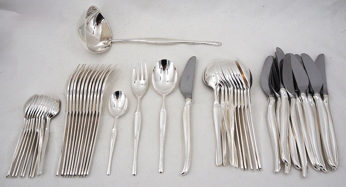 Christofle modèle Duo, ménagère set 49 pièces, couteaux, Design Tapio Wirkkala, métal argenté.-photo-2