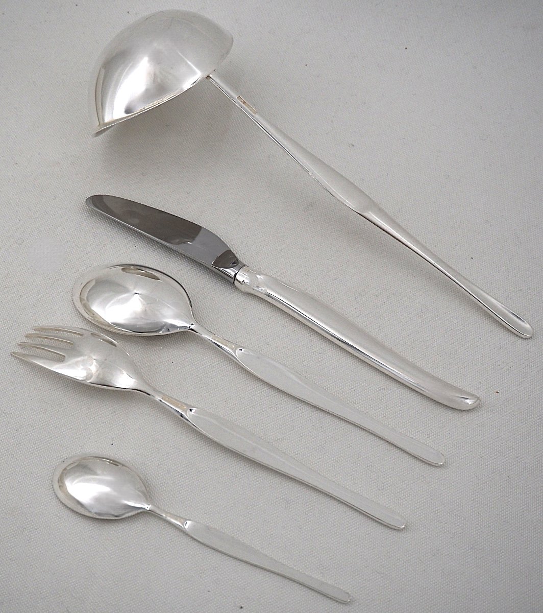 Christofle modèle Duo, ménagère set 49 pièces, couteaux, Design Tapio Wirkkala, métal argenté.-photo-4