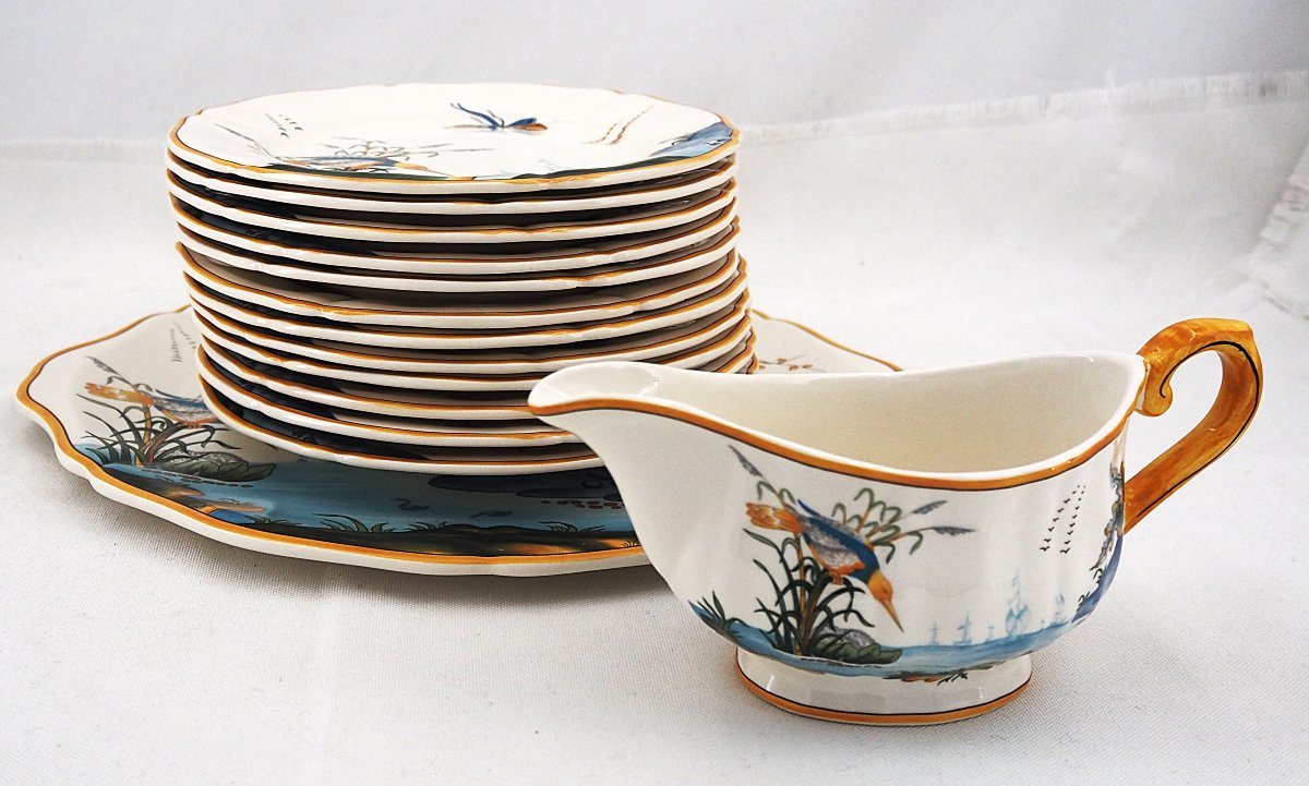 Gien "magellan" Collection, Dessert Set With 12 19-cm Plates, A Serving Dish, And A Cream Pitcher.-photo-1