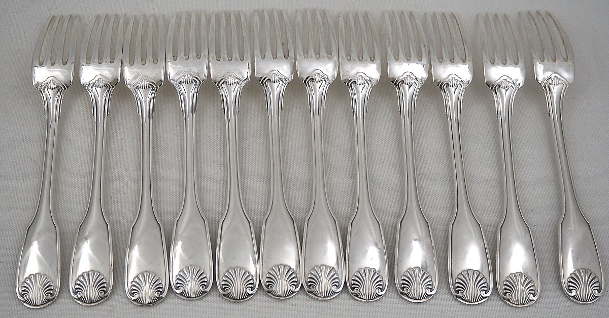 Christofle modèle Vendôme, Coquille, ménagère set 62 pièces, couteaux en métal argenté.-photo-5