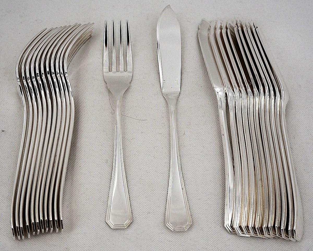 Christofle "américa" Model, Art Deco, 12-piece Fish Cutlery Set, 24 Pieces In Silver-plated Metal.-photo-2