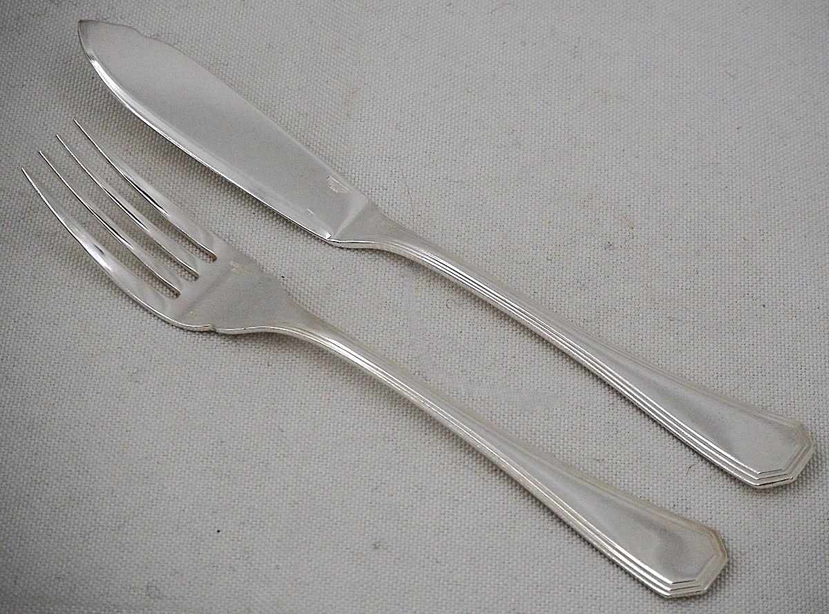 Christofle "américa" Model, Art Deco, 12-piece Fish Cutlery Set, 24 Pieces In Silver-plated Metal.-photo-3