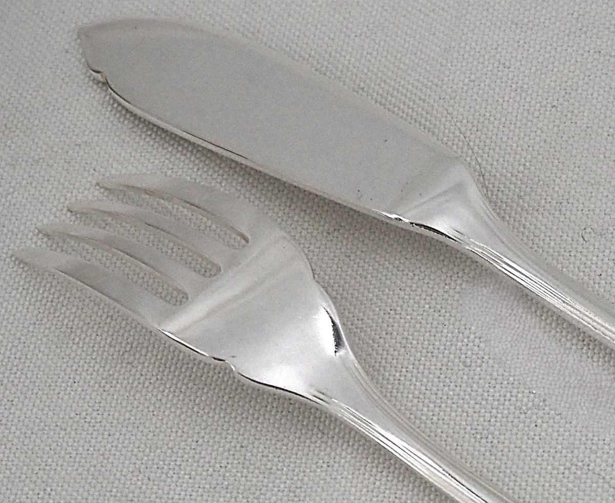 Christofle "américa" Model, Art Deco, 12-piece Fish Cutlery Set, 24 Pieces In Silver-plated Metal.-photo-2