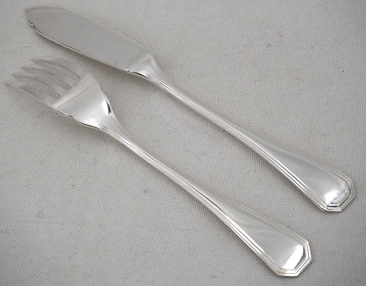Christofle "américa" Model, Art Deco, 12-piece Fish Cutlery Set, 24 Pieces In Silver-plated Metal.-photo-3