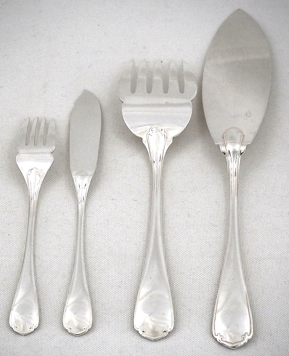 Christofle Japonais, 12 Fish Place Settings + 1 Serving Set, 26 Silver-plated Pieces.-photo-4