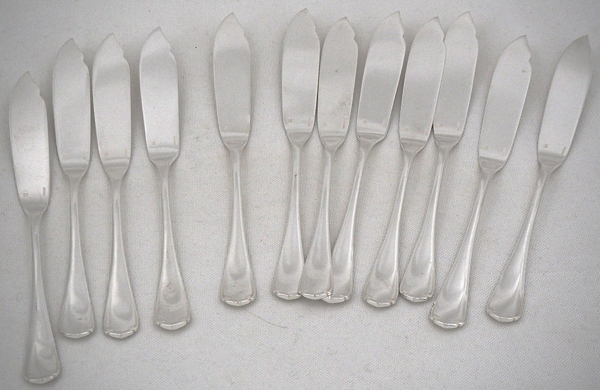 Christofle Japonais, 12 Fish Place Settings + 1 Serving Set, 26 Silver-plated Pieces.-photo-2