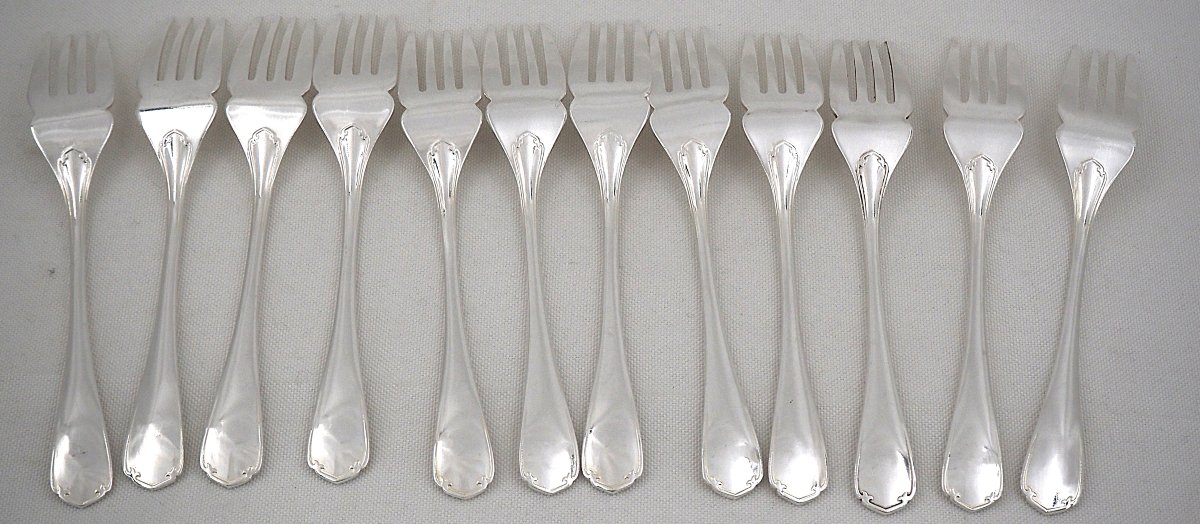 Christofle Japonais, 12 Fish Place Settings + 1 Serving Set, 26 Silver-plated Pieces.-photo-4