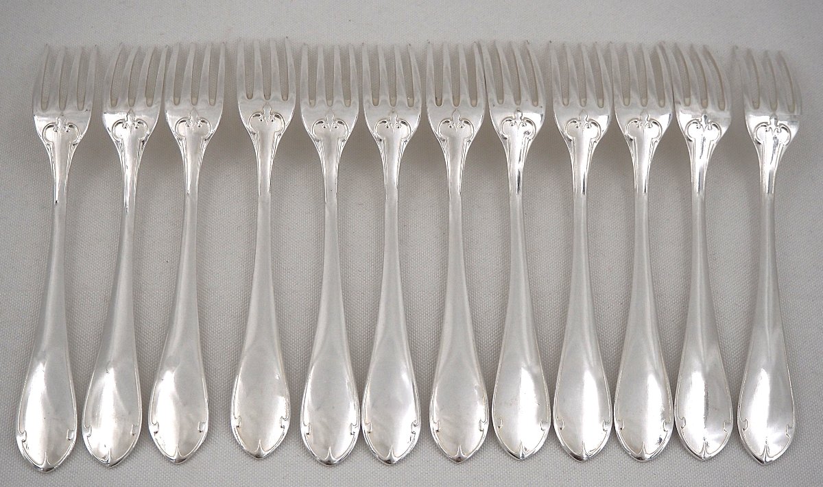 Ercuis style Néo-gothique, ménagère set 38 pièces, métal argenté, excellent état.-photo-5
