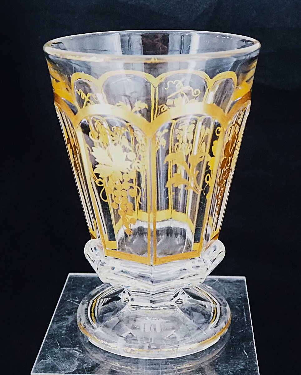 Baccarat, verre, vase à violettes, cristal doré, moulé, Charles X, Louis Philippe, signé.-photo-2