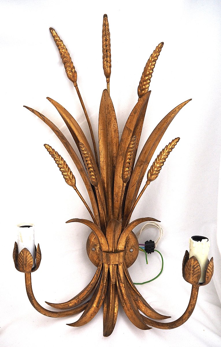 Belle paire d'appliques, métal doré, épis de blé, Vintage, 48 cm, excellent état.-photo-4