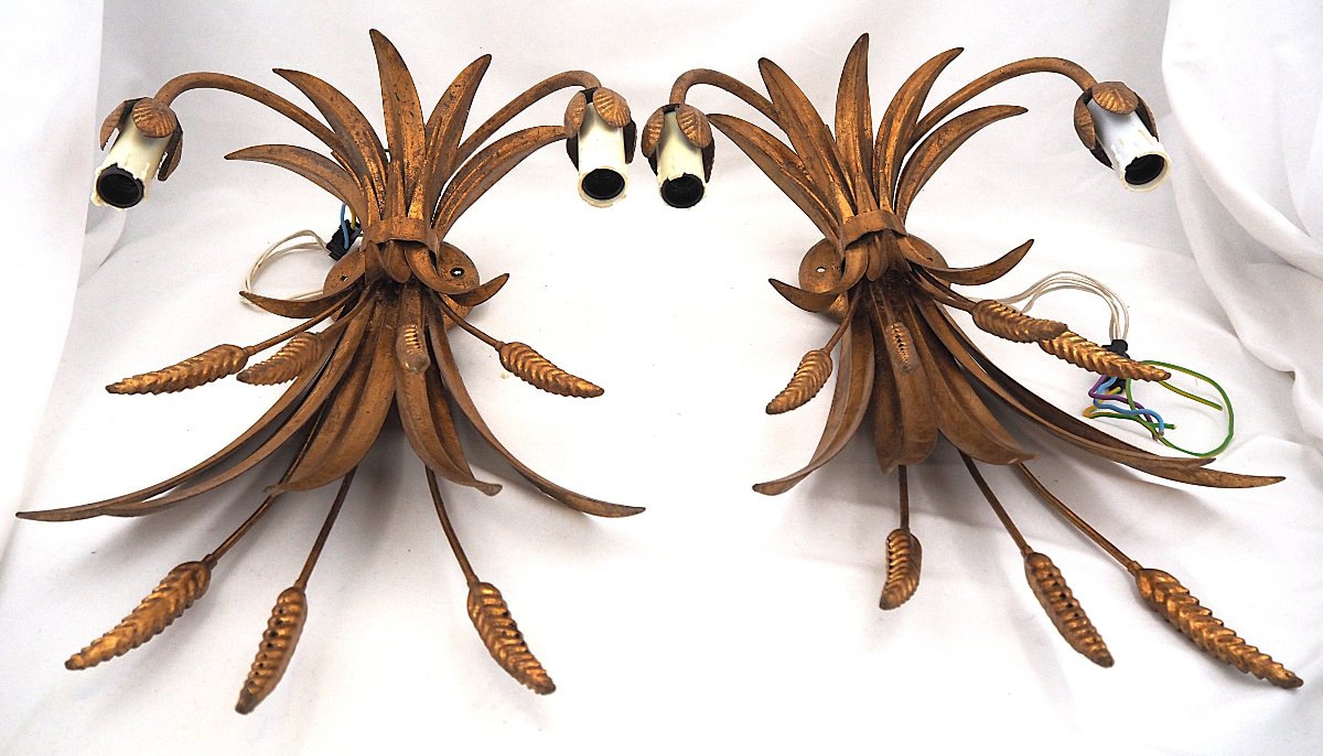 Belle paire d'appliques, métal doré, épis de blé, Vintage, 48 cm, excellent état.-photo-2