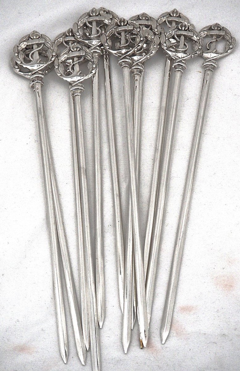 Christofle, 12 hâtelets, brochettes, piques à viande en métal argenté, ancre marine.-photo-2