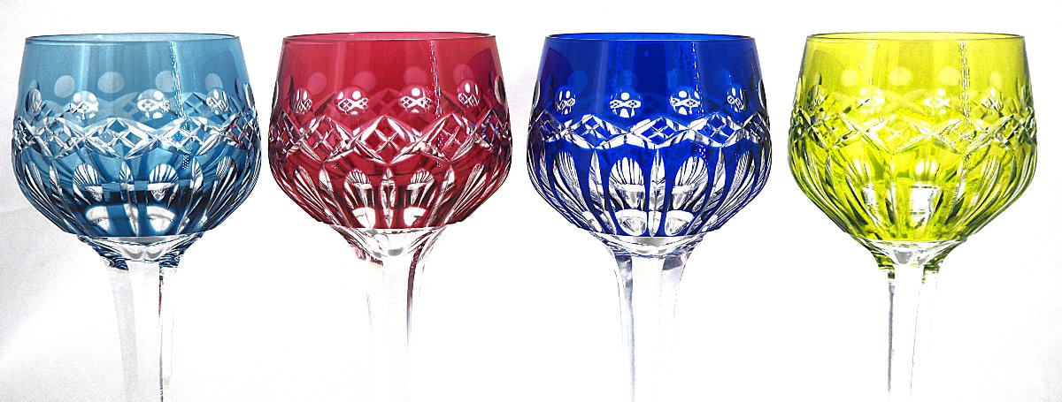 Saint Louis Traminer Model, 4 Rhine Roemer Glasses, Crystal, Colored, Signed, In Excellent Condition.-photo-2