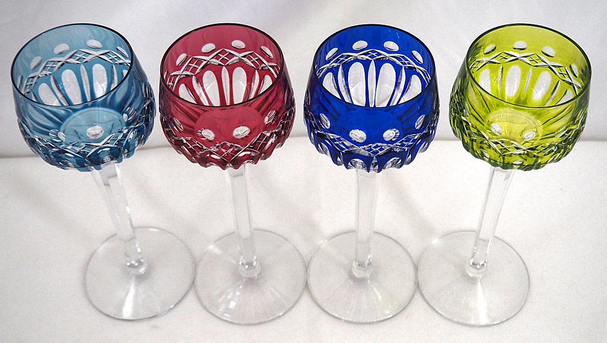 Saint Louis Traminer Model, 4 Rhine Roemer Glasses, Crystal, Colored, Signed, In Excellent Condition.-photo-4