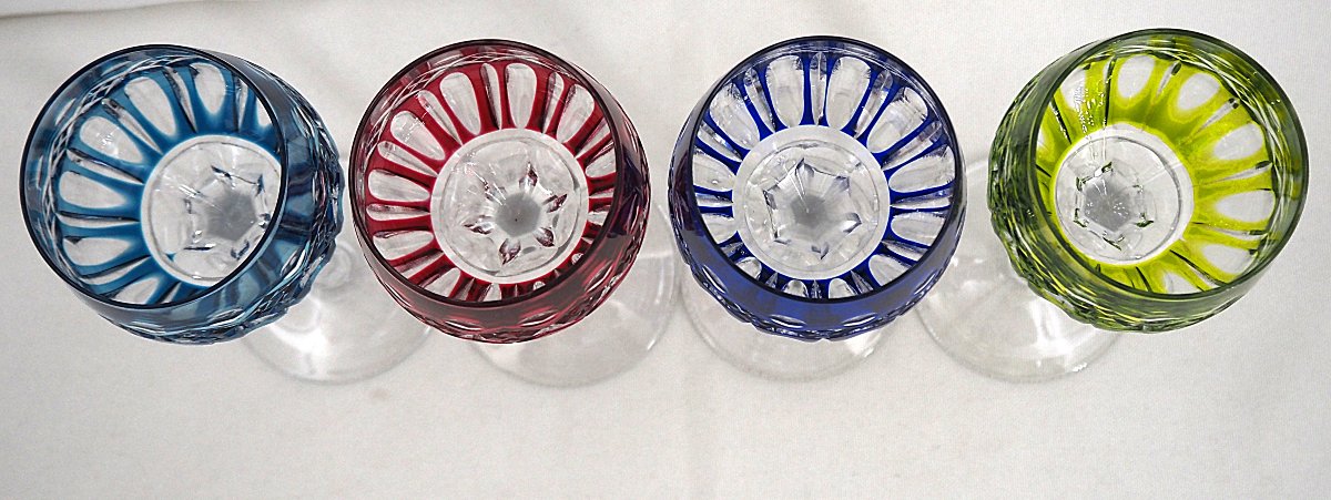 Saint Louis Traminer Model, 4 Rhine Roemer Glasses, Crystal, Colored, Signed, In Excellent Condition.-photo-1