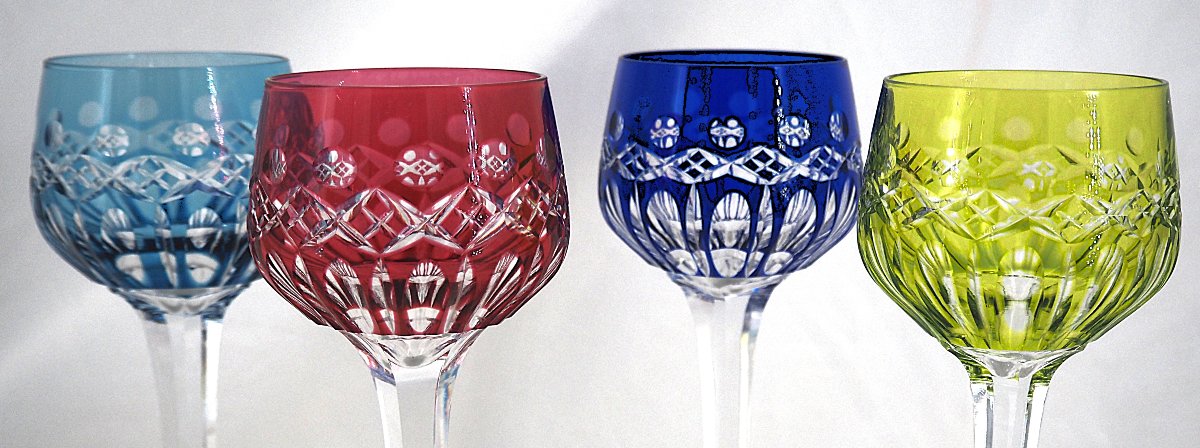 Saint Louis Traminer Model, 4 Rhine Roemer Glasses, Crystal, Colored, Signed, In Excellent Condition.-photo-3
