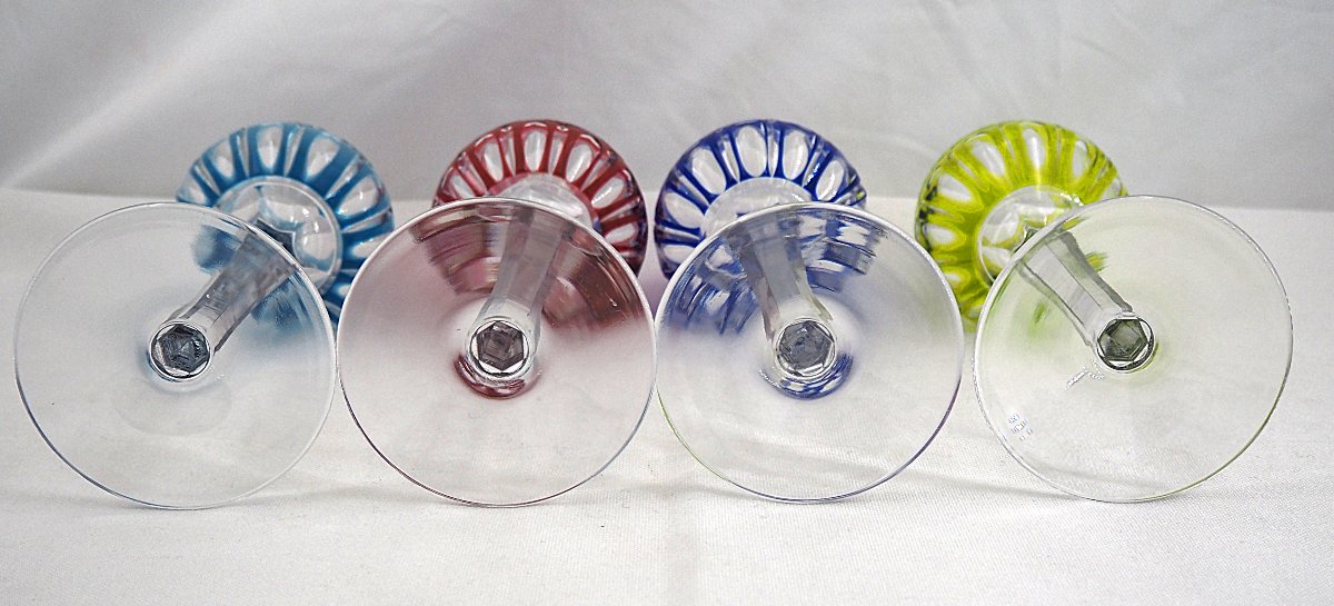 Saint Louis Traminer Model, 4 Rhine Roemer Glasses, Crystal, Colored, Signed, In Excellent Condition.-photo-5