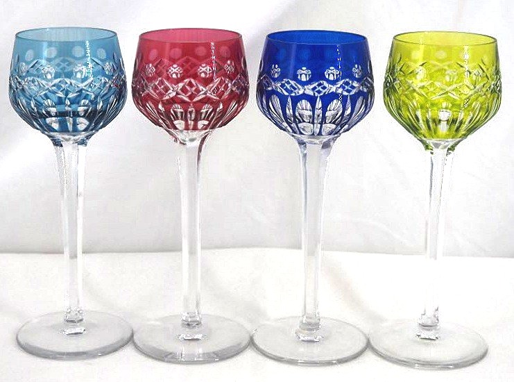 Saint Louis Traminer Model, 4 Rhine Roemer Glasses, Crystal, Colored, Signed, In Excellent Condition.
