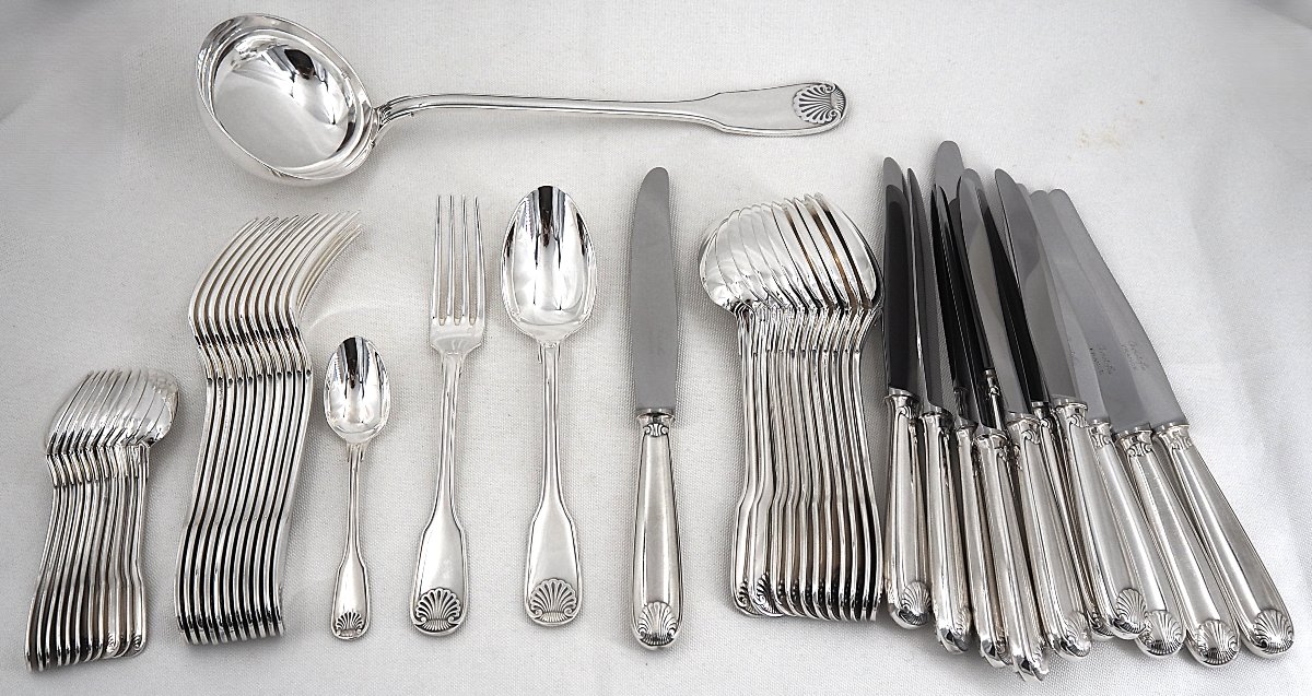 Christofle Vendôme Model, Coquille, 49-piece Cutlery Set, Silver-plated Knives.-photo-2