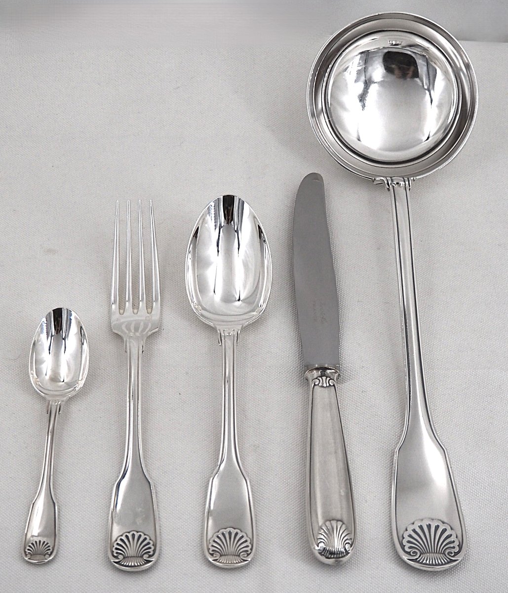 Christofle Vendôme Model, Coquille, 49-piece Cutlery Set, Silver-plated Knives.-photo-3