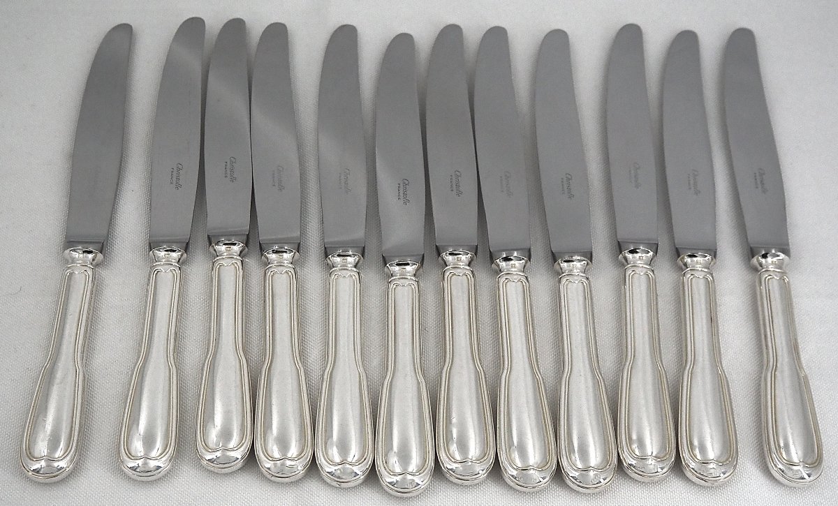 Christofle "chinon" Model, "filet" Series, 12 Silver-plated Table Knives, In Excellent Condition.-photo-2
