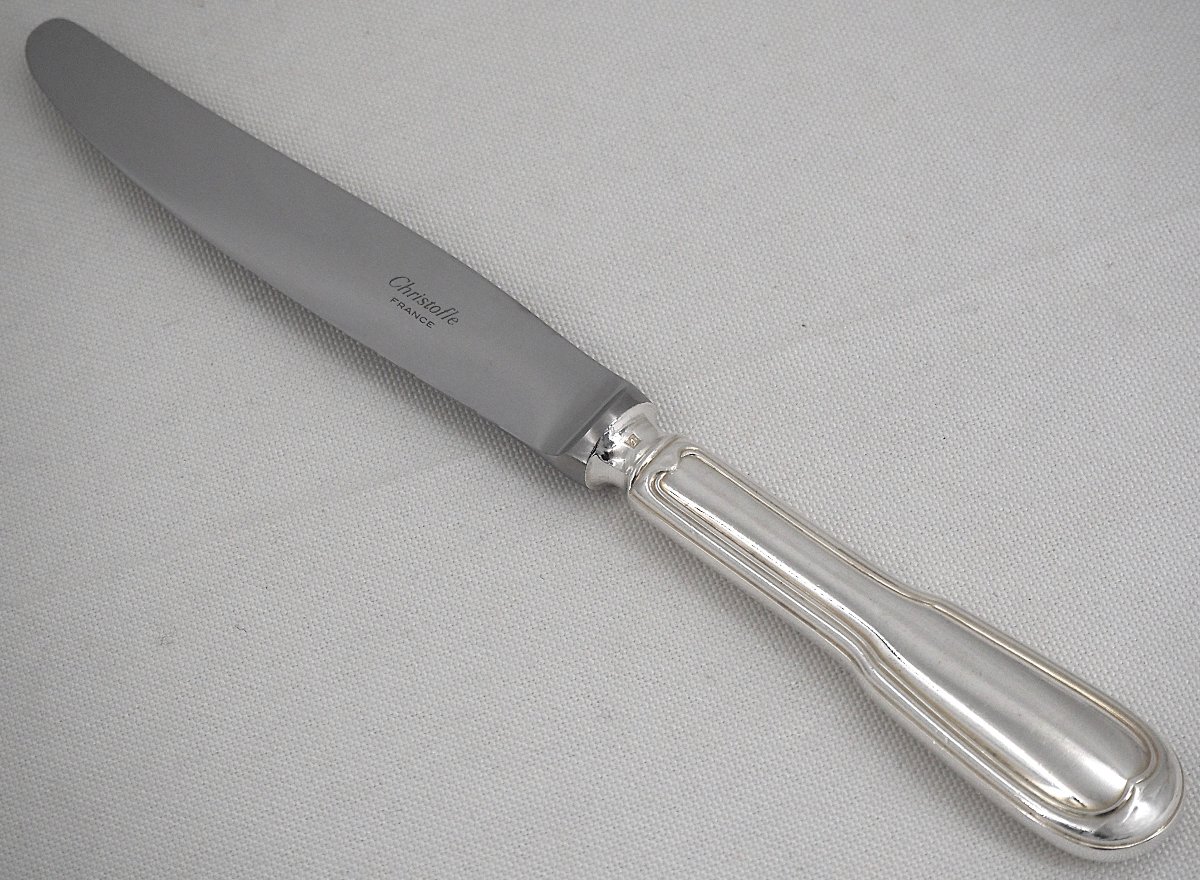 Christofle "chinon" Model, "filet" Series, 12 Silver-plated Table Knives, In Excellent Condition.-photo-3