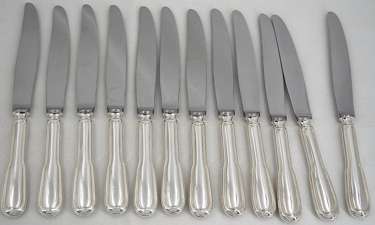 Christofle "chinon" Model, "filet" Series, 12 Silver-plated Table Knives, In Excellent Condition.-photo-3