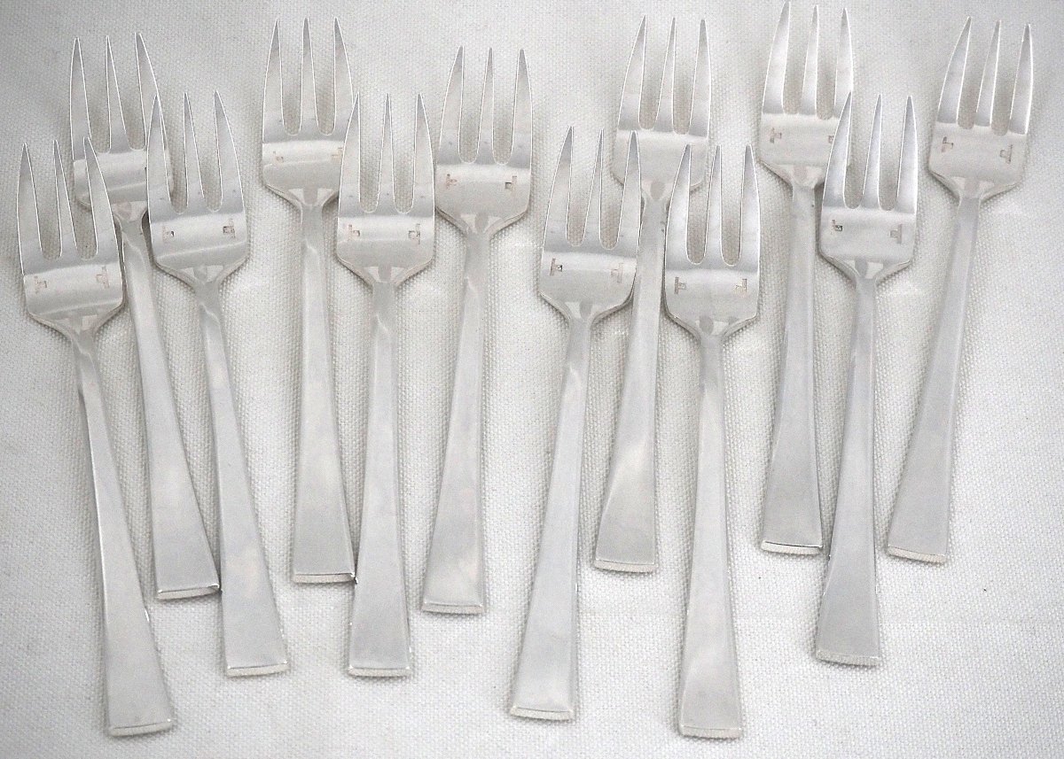 Christofle "concorde" Model, Art Deco, 12 Cake Forks, Silver-plated, In Perfect Condition.-photo-2