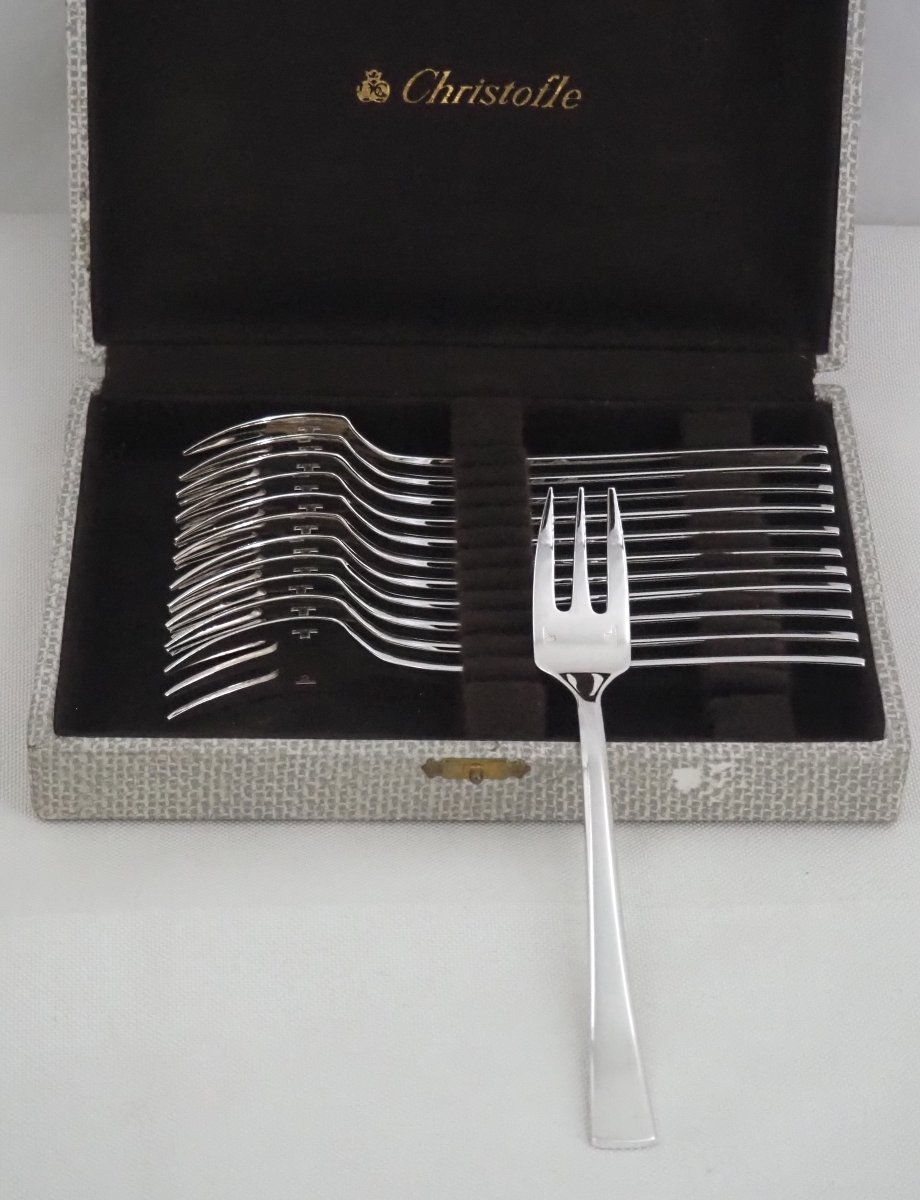 Christofle "concorde" Model, Art Deco, 12 Cake Forks, Silver-plated, In Perfect Condition.