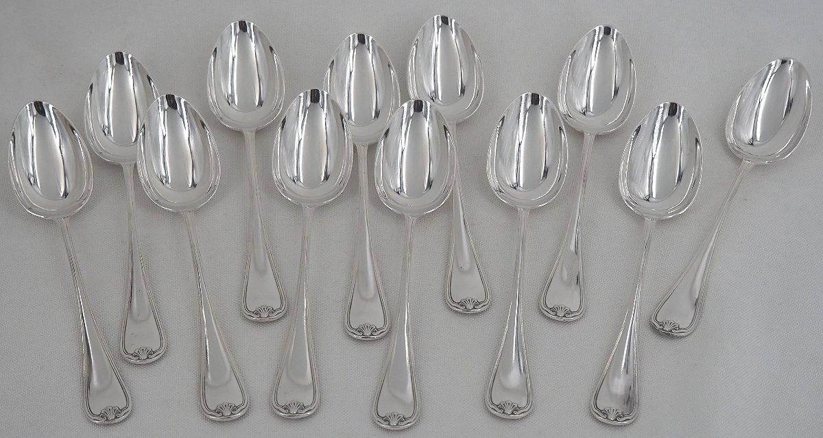 Christofle Berain Model, 12-piece Dessert Set, 24 Pieces, Silver-plated, Monogrammed.-photo-1