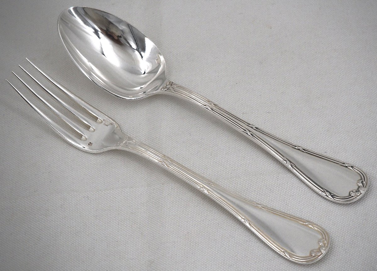 Christofle modèle Rubans, 12 couverts de table, 24 pièces, métal argenté, excellent état.-photo-3