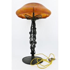 Daum Nancy, Wrought Iron Floor Lamp, Orange Marmoreal Glass, 55 Cm.