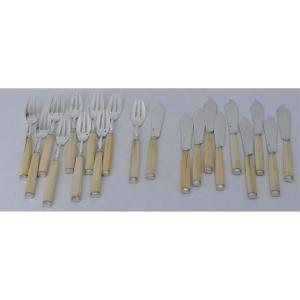 Puiforcat, 10 Fish Cutlery, Art Deco, 20 Pieces, Sterling Silver Hallmark Minerva.