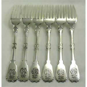 Robert Linzeler, 6 Neo-gothic Table Forks, Sterling Silver Minerva.