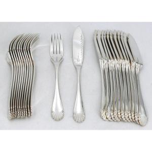 Christofle Directoire/rat Tail Model, 12 Rare Engraved Fish Cutlery, 24 Pieces.