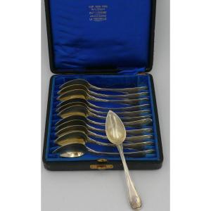 12 Tea/coffee/dessert Spoons In Old Sterling Silver, Vermeil, Straight Filet Model, Box.
